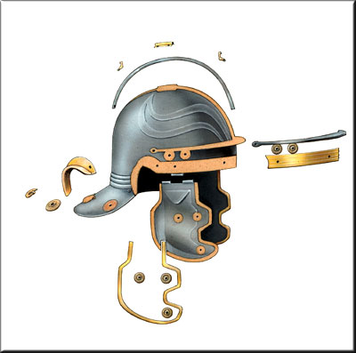 Exploded view illustration of a Roman Helmet - airbrush by Les Still